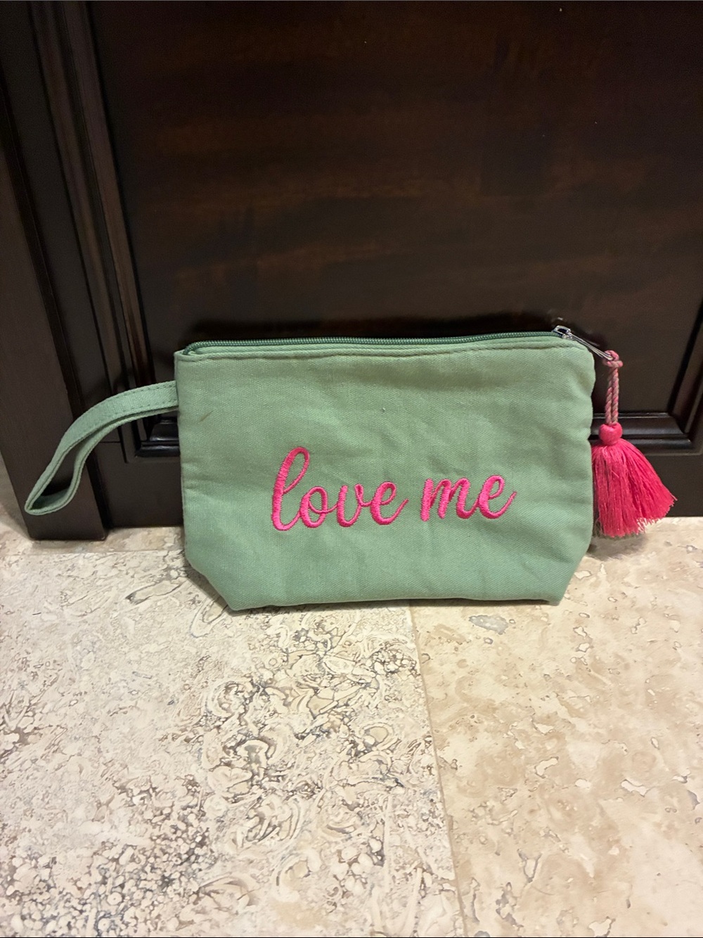 Green Canvas 'Love Me' Cosmetic Pouch with Pink Tassel